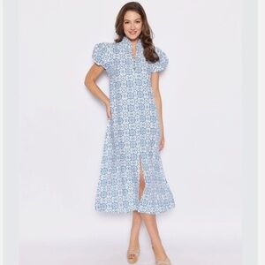 Sail to Sable STS Blue Medallion Linen Blend Puff Sleeve Midi Dress Size XS